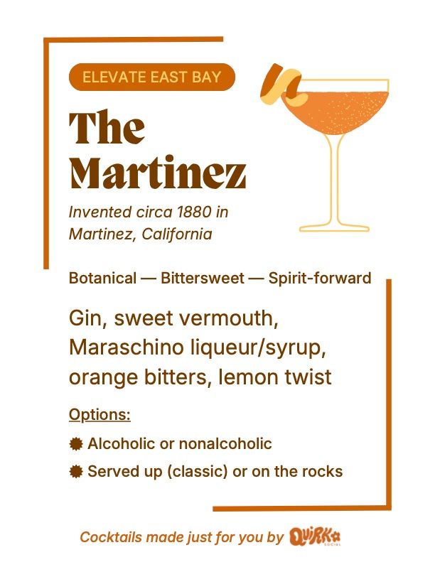 Cocktail menu including The Martinez for an architecture firm happy hour networking event in Berkeley, CA