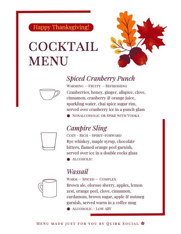 Thanksgiving cocktail menu for a dinner party in the San Francisco Bay Area including Spiced Cranberry Punch and Wassail