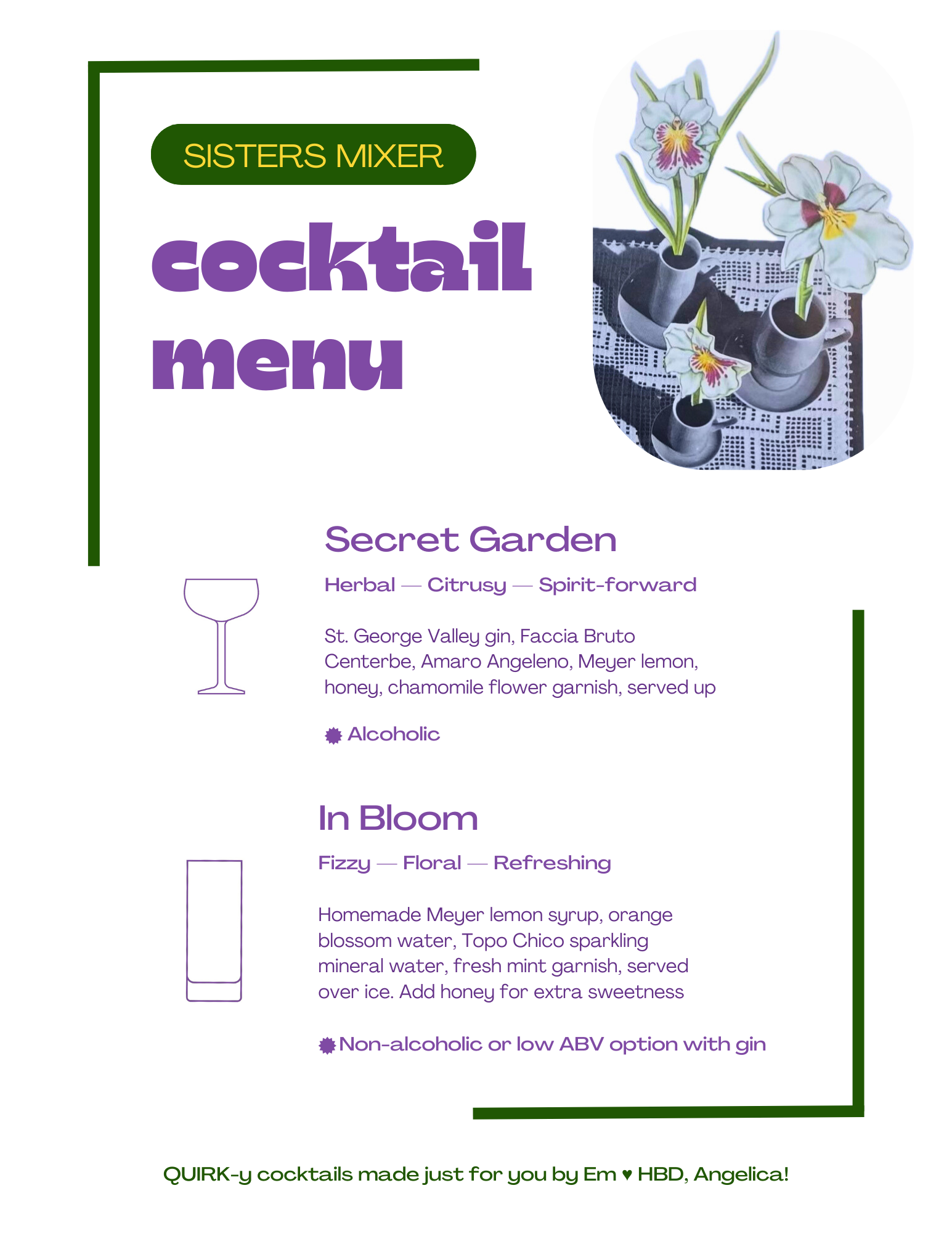 Sisters Mixer Cocktail Menu for a birthday brunch in the Bay Area including the Secret Garden and In Bloom