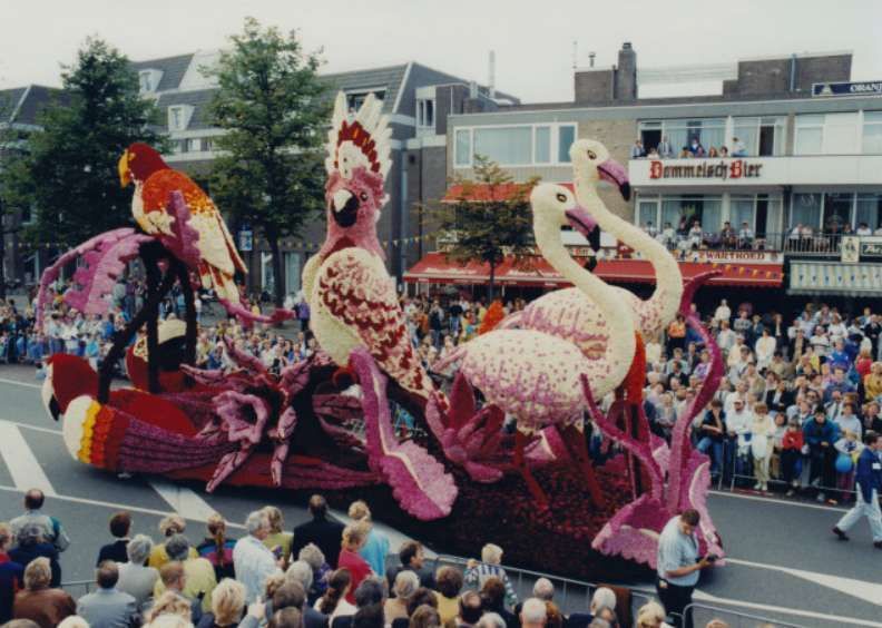 Een menigte mensen die een parade met flamingo's op een praalwagen bekijkt