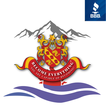 A heraldic crest featuring a shield, mountains, and a banner reading "Become everything you are capable of becoming."