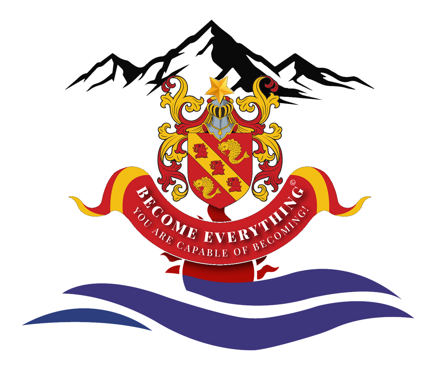 A heraldic crest featuring a shield, mountains, and a banner reading "Become everything you are capable of becoming."