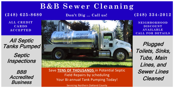 B&B Sewer Cleaning ad with truck photo, blue header, and services for septic, plumbing, and sewer line cleaning