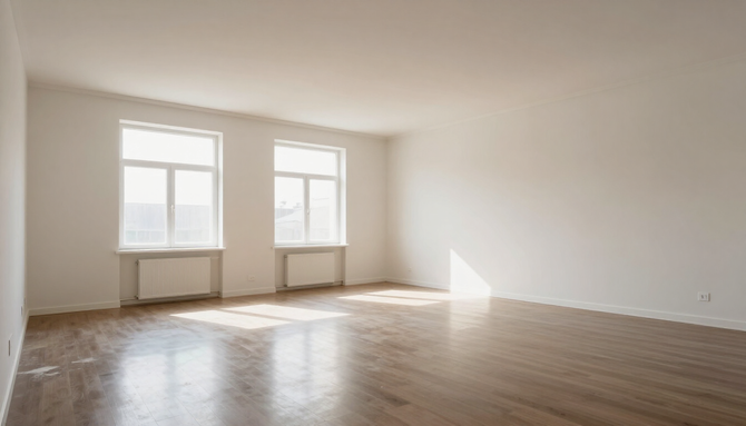 Empty sunlit living room with hardwood floors and two windows