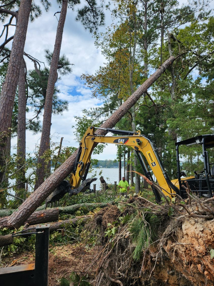 Yellow excavator lifting a fallen tree trunk near a body of water.