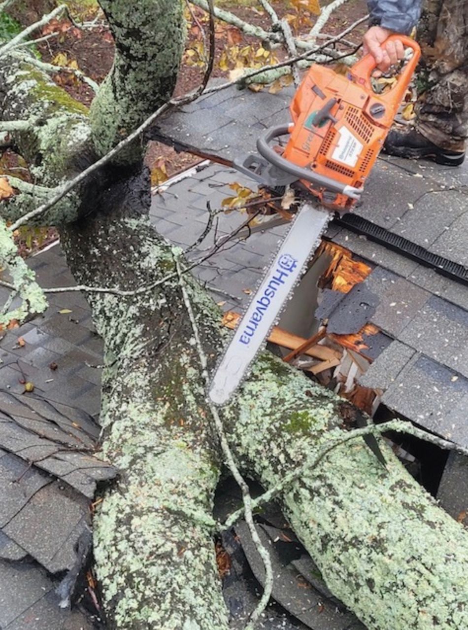 Person using an orange chainsaw to cut a tree limb on a roof covered in dark shingles.