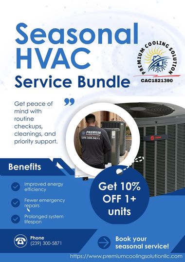 HVAC service bundle advertisement with a technician, benefits listed, and a discount offer.
