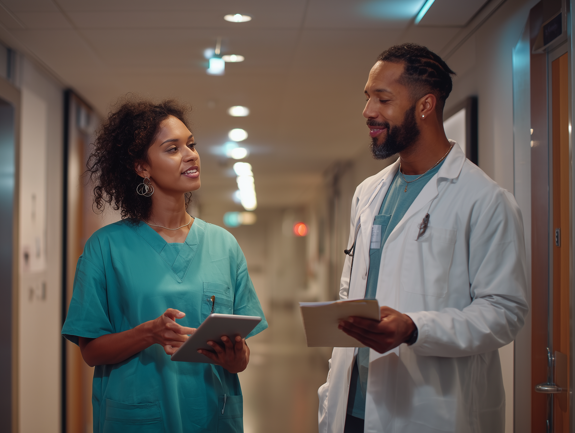 A doctor and a nurse are talking in a hospital hallway while looking at a tablet.