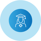 An icon of a doctor wearing a graduation cap and gown.