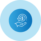 An icon of a hand holding a dollar sign in a blue circle.