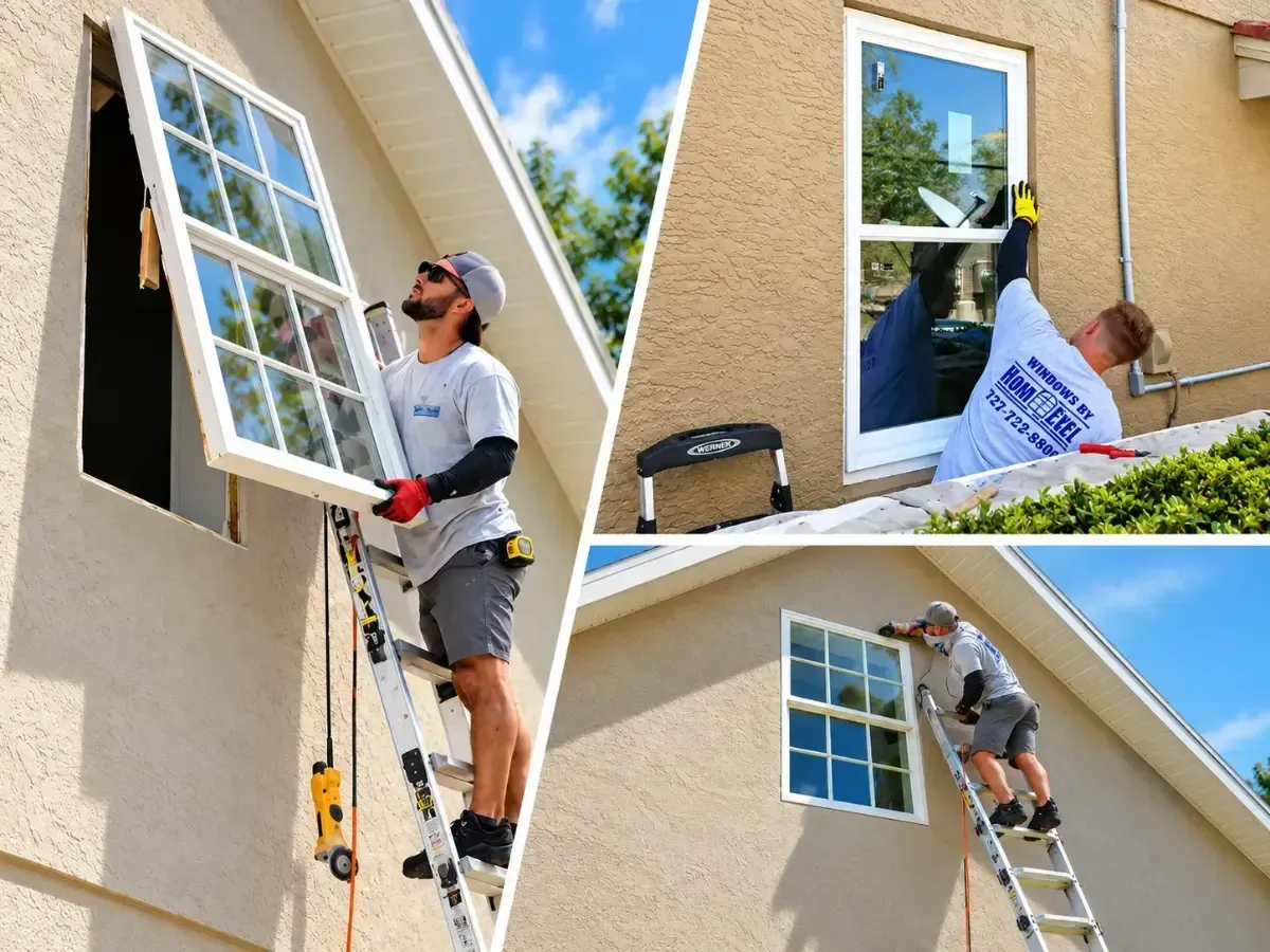 Worker installing a white window frame on a beige house exterior using a ladder