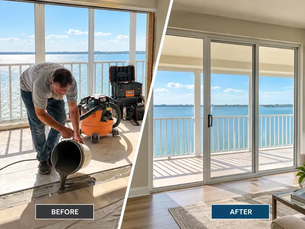 Before-and-after of a waterfront room floor refinishing, with tools in use and a bright sliding door view.