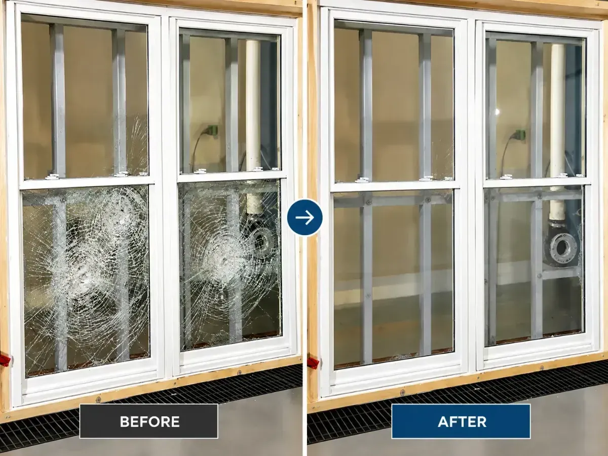 Before-and-after of window replacement: broken, dirty panes changed to clean, sealed windows.