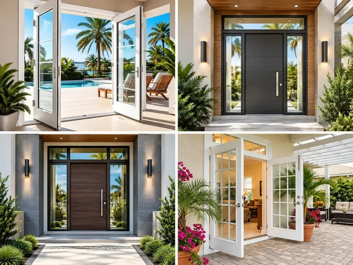 Collage of modern front doors and entryways with glass panels, white trim, and tropical landscaping