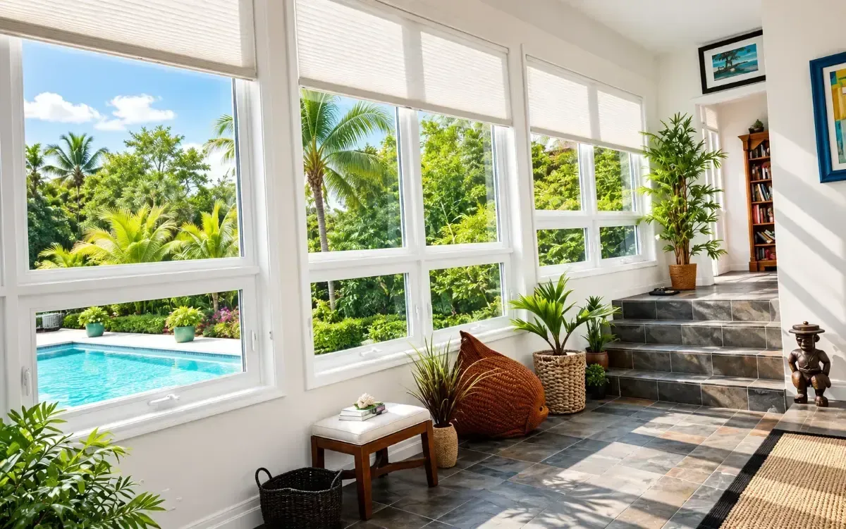 Bright sunroom with large windows, tropical garden and pool view, wicker chairs, and potted plants.