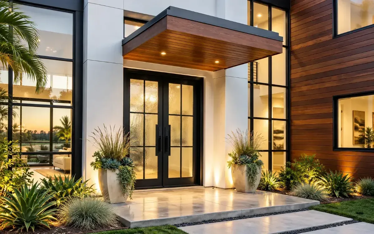 Modern home entryway at dusk with warm lighting, glass doors, wood canopy, and landscaped plants