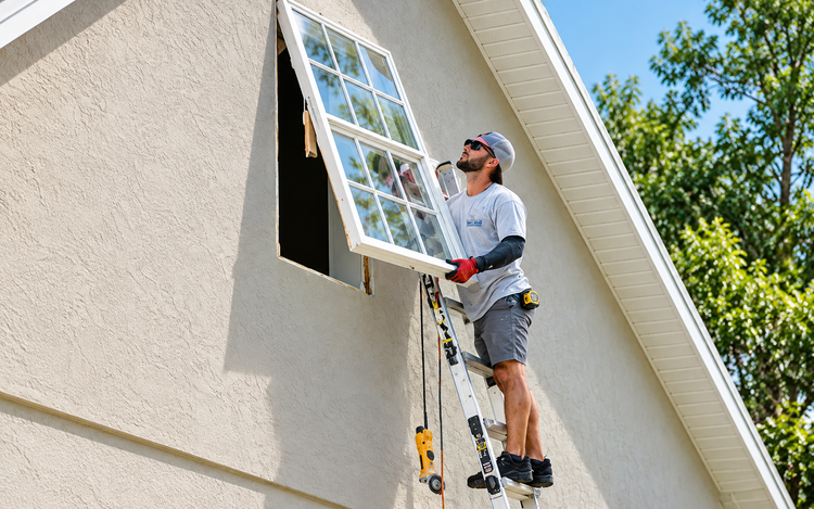 Worker on a ladder installing a window on the side of a house