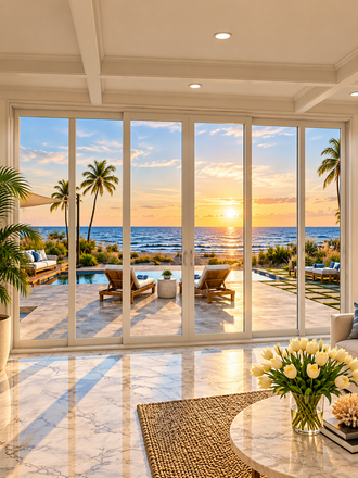 Sunset ocean view from a bright patio with palm trees, lounge chairs, and a glass door leading outside