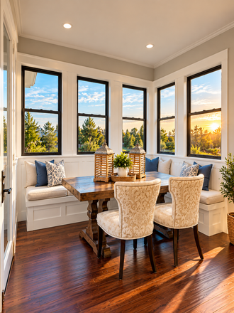 Bright dining nook with white benches, woven chairs, wooden table, and sunset view through tall windows