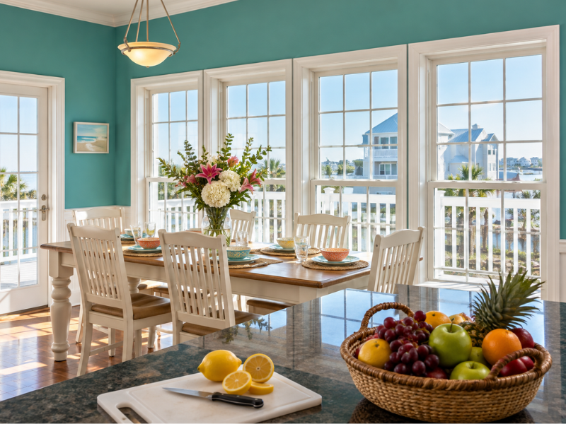 Bright dining room with ocean view, set table, and fruit bowl on a kitchen island