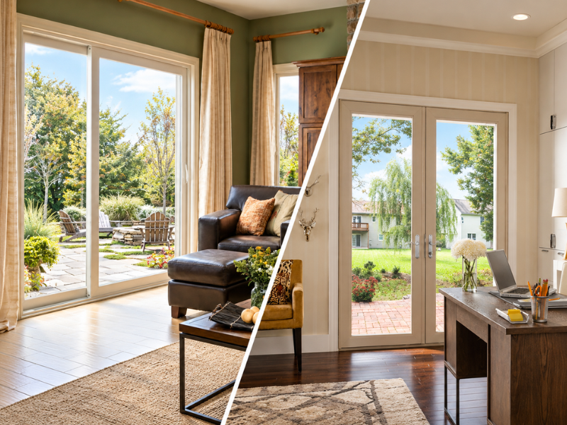 Split-view living room before-and-after: bright patio doors, green walls, and a cozy sitting area with a desk.