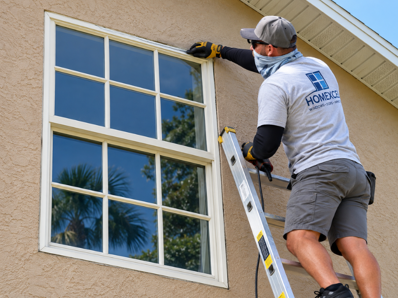 Worker on a ladder cleaning the exterior of a house window with a squeegee