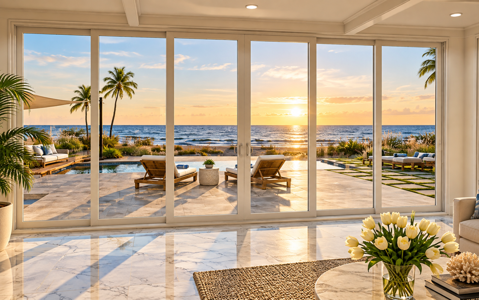 Sunlit ocean-view living room with floor-to-ceiling windows, patio seating, and a flower arrangement