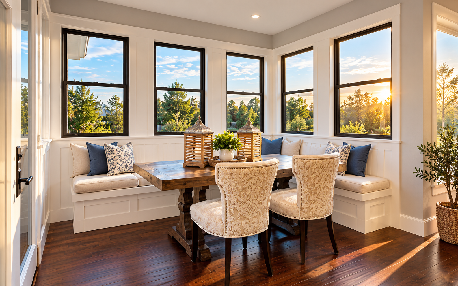 Bright dining nook with white benches, wicker chairs, and large sunlit windows overlooking trees