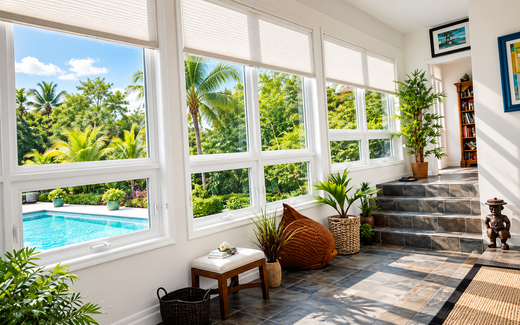 Bright sunroom with large windows, tropical garden and pool view, wicker chairs, and potted plants.
