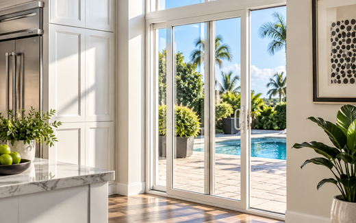 Bright kitchen opening to a sunny patio with a pool and palm trees beyond glass doors