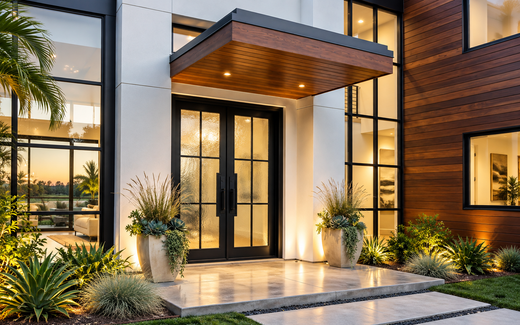 Modern home entryway at dusk with warm lighting, glass doors, wood canopy, and landscaped plants