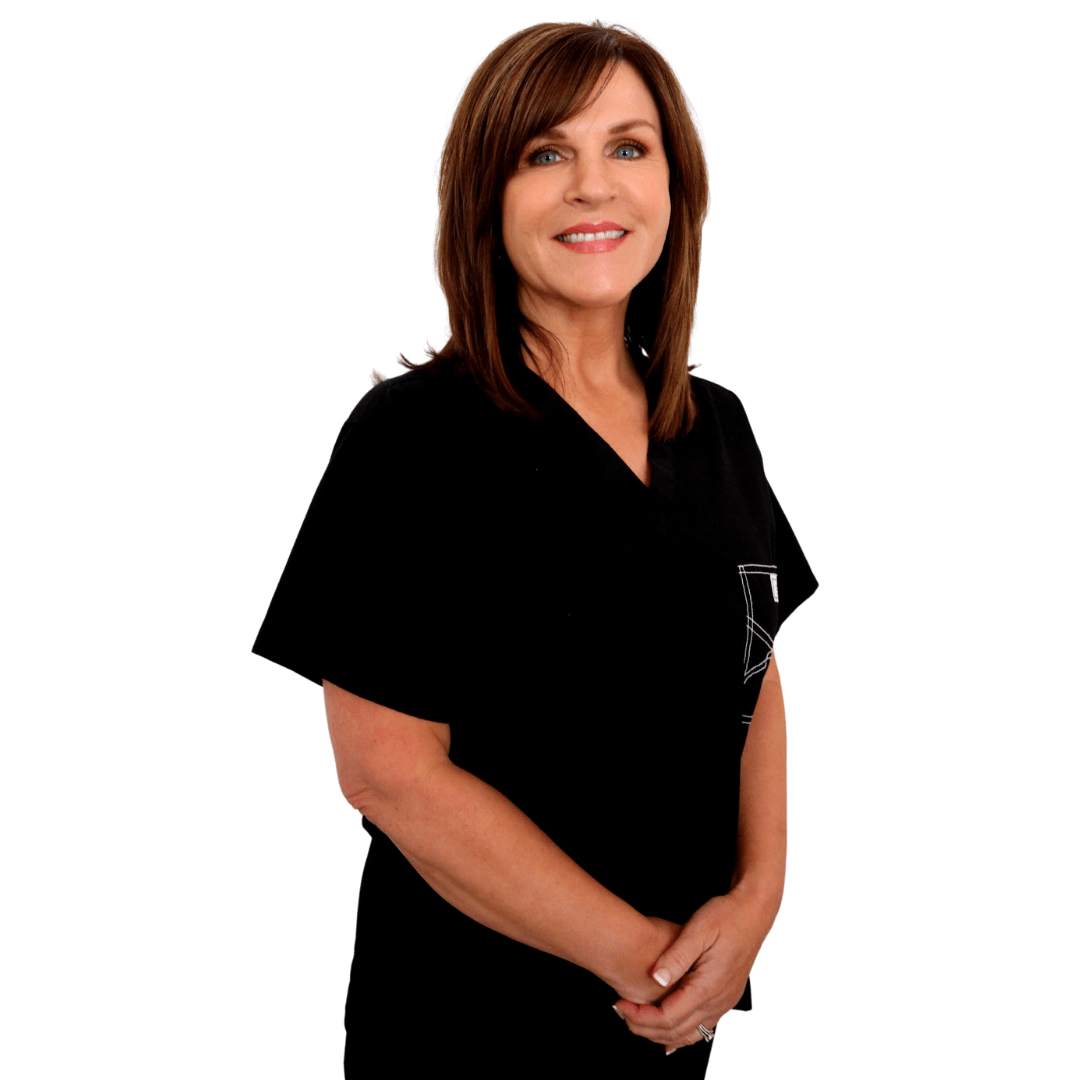 A professional with shoulder-length brown hair, wearing a black V-neck top, smiling against a white background.