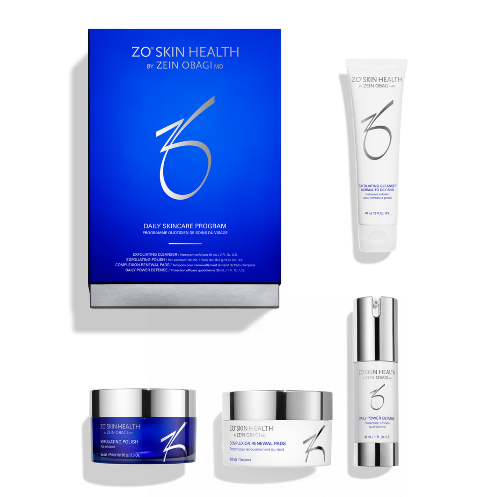 A ZO Skin Health Daily Skincare Program box set, including four white and blue skincare products against a white background.