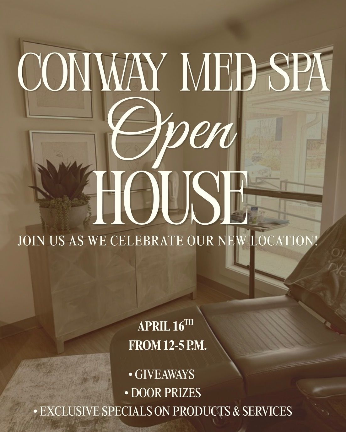 Conway Med Spa open house flyer with event date, time, giveaways, prize drawing, and special offers on a spa lobby background