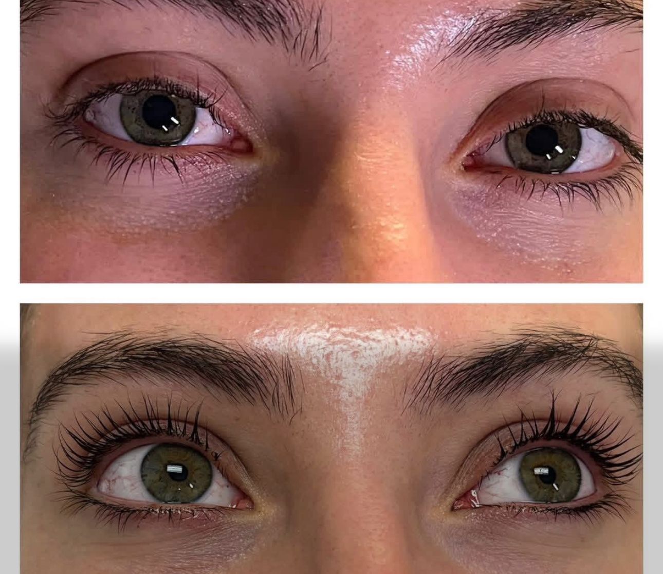 Before and after comparison of eyes showing a noticeable improvement in lash length and curl after a lash lift treatment.