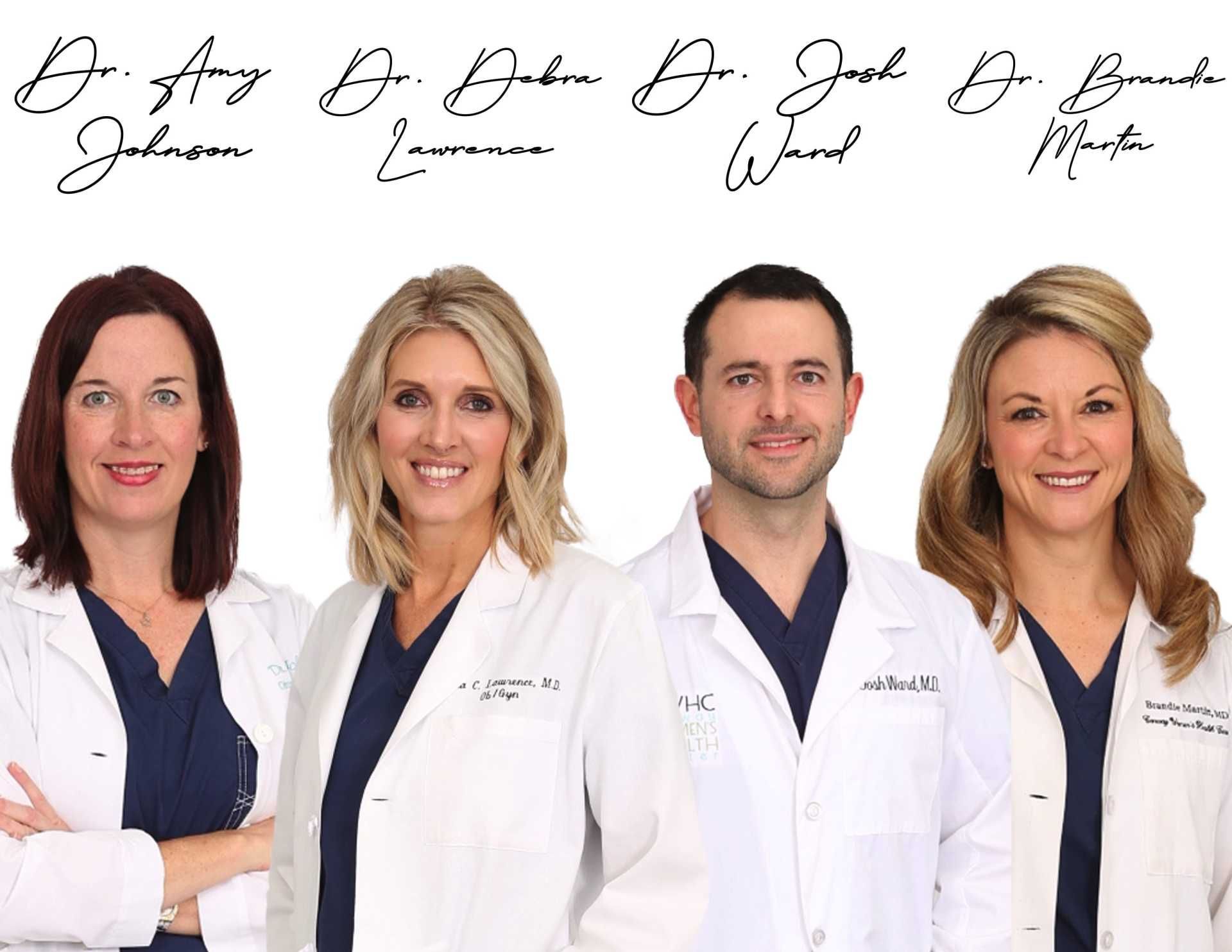 Four doctors in white lab coats and navy blue scrubs, shown from the waist up against a plain white background.