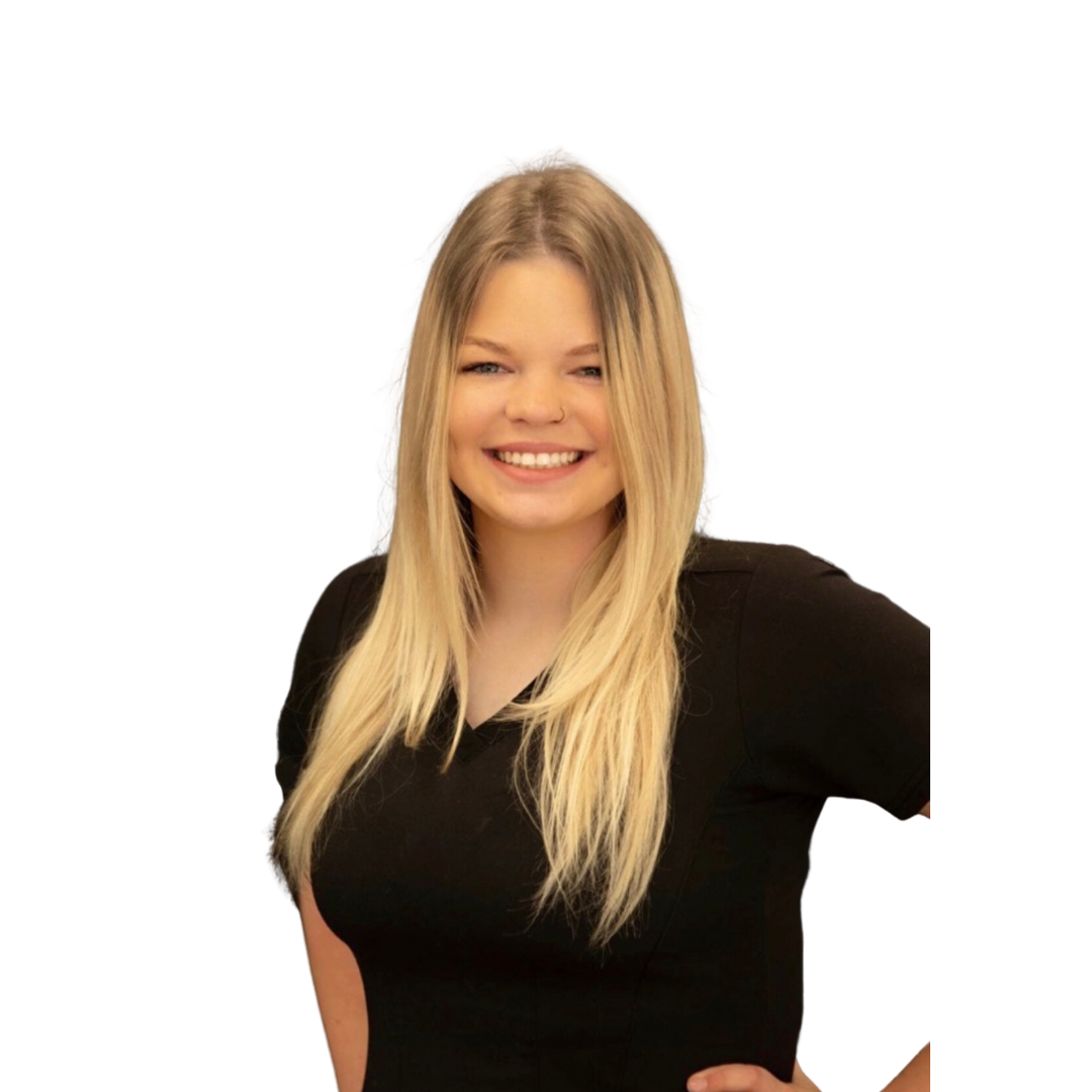 A smiling person with long blonde hair wearing a black shirt, isolated against a white background.
