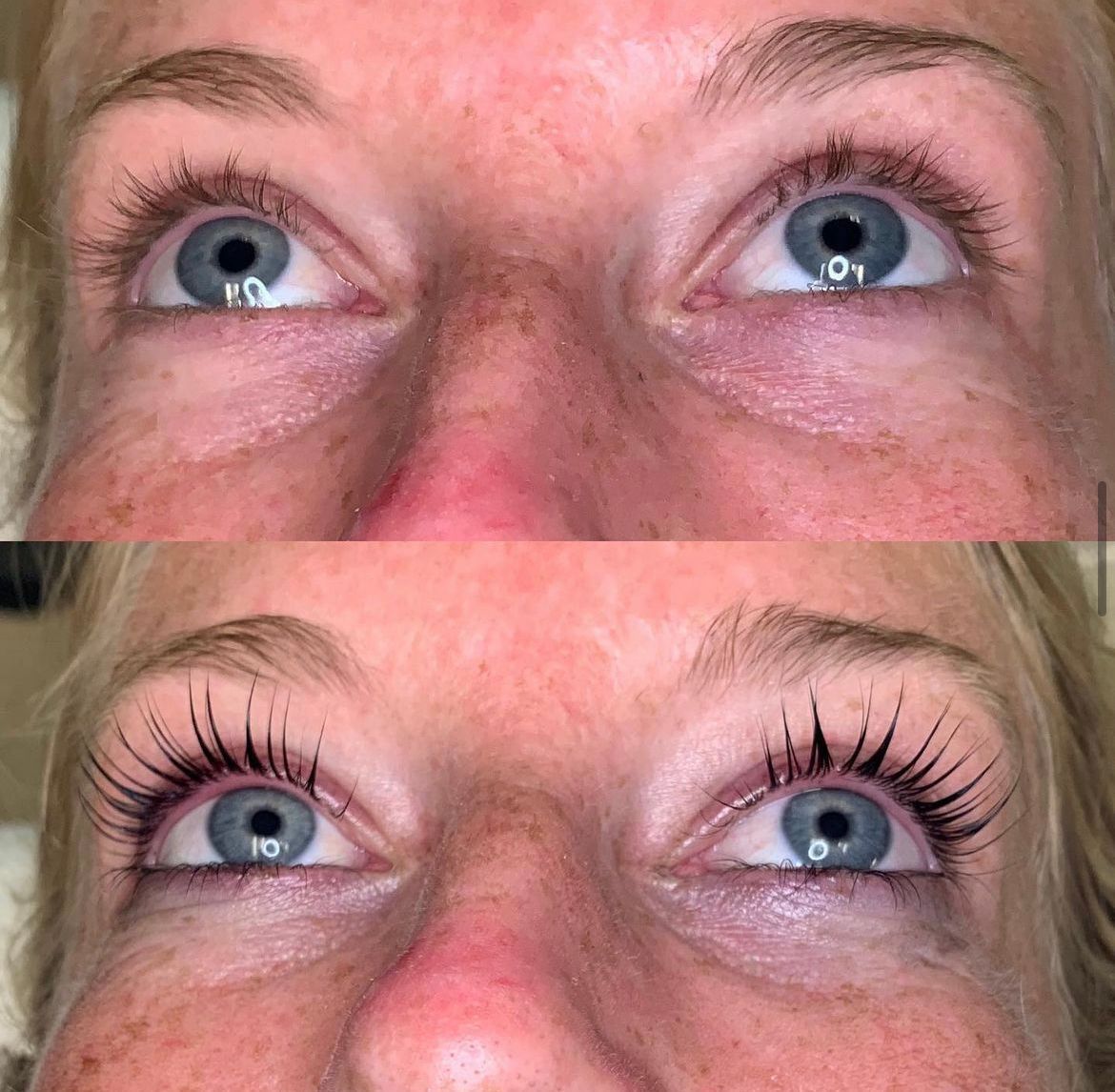 Before and after comparison of a lash lift treatment, showing natural lashes versus lifted and darkened lashes.
