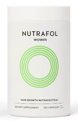 White bottle of Nutrafol Women hair growth supplement capsules with a green circular logo on the front.