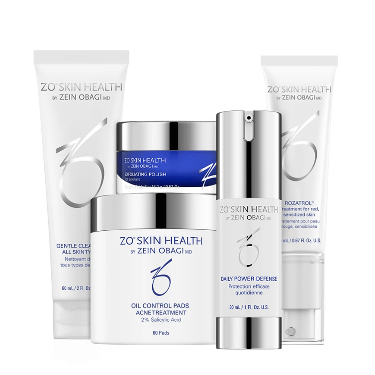 A collection of five white and blue ZO Skin Health skincare products arranged together against a white background.
