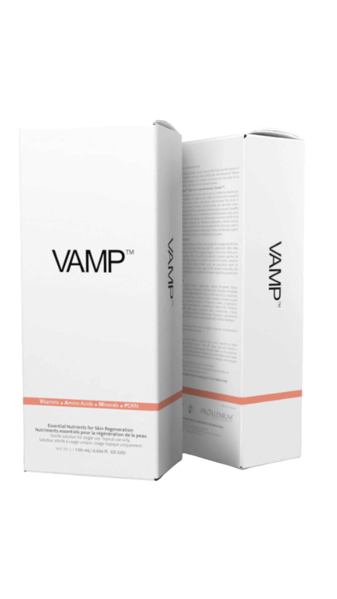Two white rectangular boxes of VAMP skincare products against a white background.