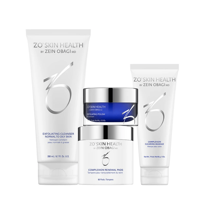 Four ZO Skin Health skincare products, including a cleanser, a treatment cream, a jar of pads, and a lotion, on white.
