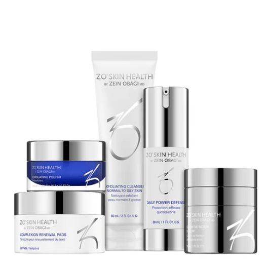 A collection of five ZO Skin Health skincare products, including a cleanser, polish, pads, and two pump bottles.