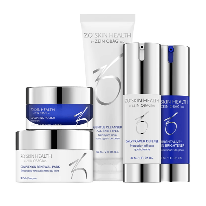 A collection of five ZO Skin Health skincare products arranged against a plain white background.