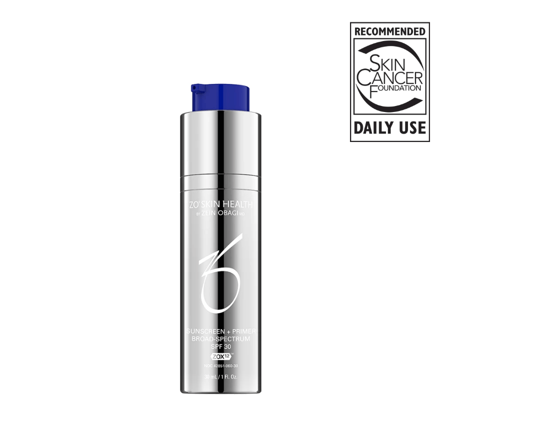 A silver ZO Skin Health bottle with a blue cap and a Skin Cancer Foundation Daily Use seal.