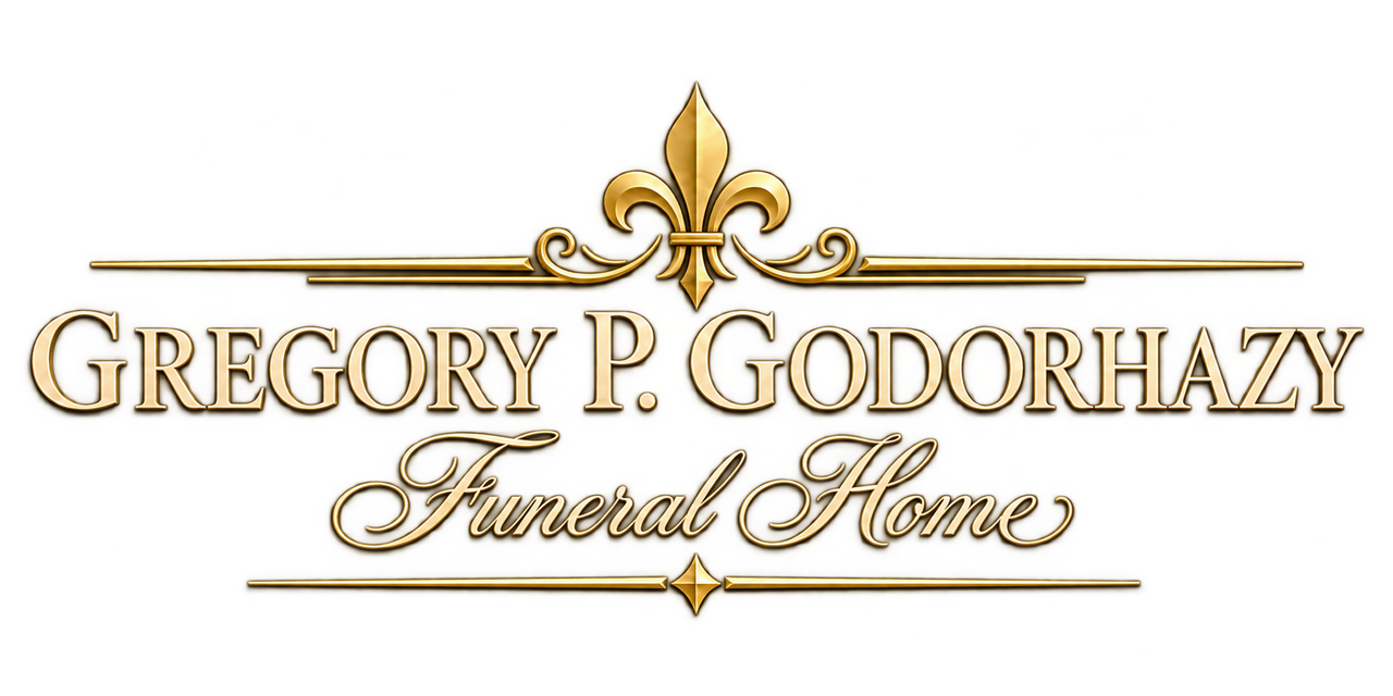 All white text logo for Gregory P. Godorhazy Funeral Home