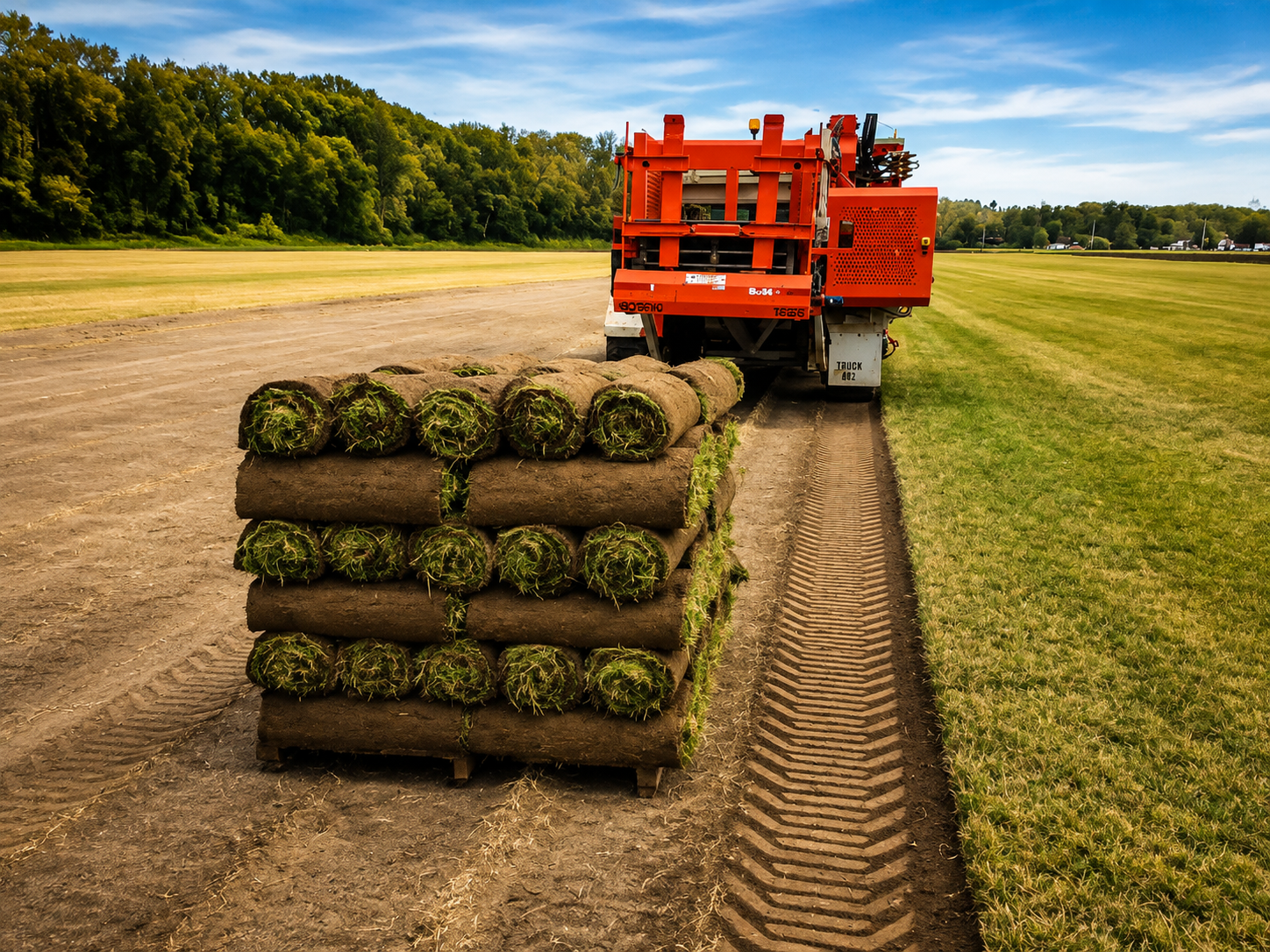 Orange farm truck hauling stacked hay bales across a field on a dirt track