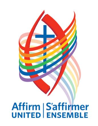 Affirm United Ensemble logo with rainbow ribbons and blue cross, bilingual text below