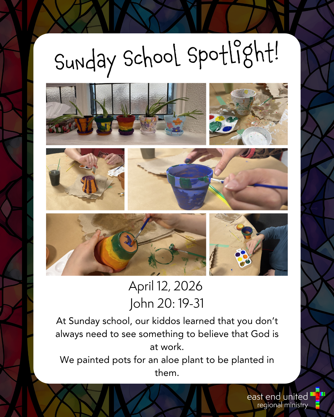 Sunday School Spotlight flyer with children’s craft photos and text about a John 23:1 Bible lesson in April 2025