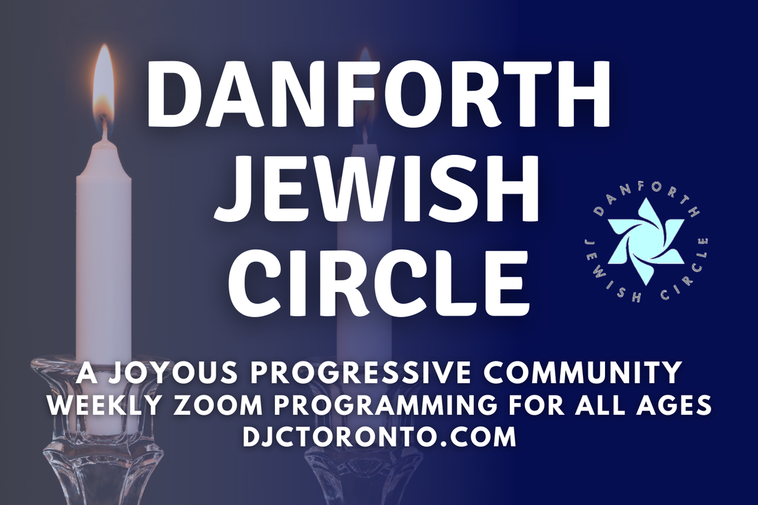 Danforth Jewish Circle event graphic with candle, blue background, and text about weekly Zoom programming
